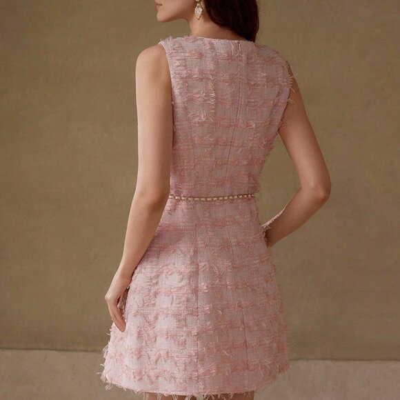 Pink Elegant Women's Tweed Button Up Dress - Picture 4 of 6